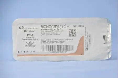 Monocryl Plus – Antibacterial Suture with Needle Absorbable Uncoated Undyed Suture Poliglecaprone 25 with Irgacare MP Antibacterial Suture Size 4 – 0 18 Inch Suture 1-Needle 13 mm Length 3/8 Circle Conventional Cutting Needle – MCP835G