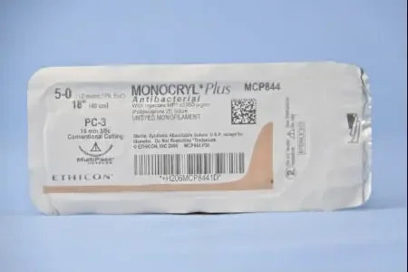 Monocryl Plus – Antibacterial Suture with Needle Absorbable Uncoated Undyed Suture Poliglecaprone 25 with Irgacare MP Antibacterial Suture Size 5 – 0 18 Inch Suture 1-Needle 16 mm Length 3/8 Circle Conventional Cutting Needle – MCP844G