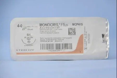 Monocryl Plus – Antibacterial Suture with Needle Absorbable Uncoated Undyed Suture Poliglecaprone 25 with Irgacare MP Antibacterial Suture Size 4 – 0 27 Inch Suture 1-Needle 26 mm Length 1/2 Circle Taper Point Needle – MCP415H