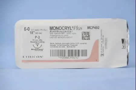 Monocryl Plus – Antibacterial Suture with Needle Absorbable Uncoated Undyed Suture Poliglecaprone 25 with Irgacare MP Antibacterial Suture Size 6 – 0 18 Inch Suture 1-Needle 13 mm Length 3/8 Circle Reverse Cutting Needle – MCP492G