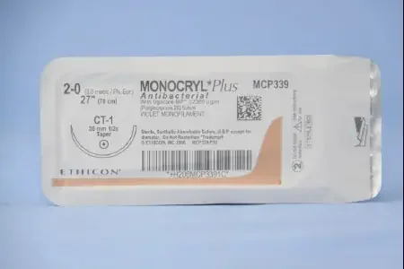 Monocryl Plus – Antibacterial Suture with Needle Absorbable Uncoated Violet Suture Poliglecaprone 25 with Irgacare MP Antibacterial Suture Size 2 – 0 27 Inch Suture 1-Needle 36 mm Length 1/2 Circle Taper Point Needle – MCP339H
