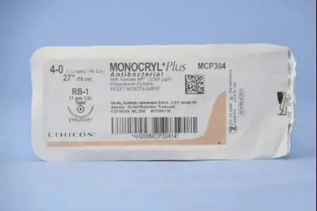 Monocryl Plus – Antibacterial Suture with Needle Absorbable Uncoated Violet Suture Poliglecaprone 25 with Irgacare MP Antibacterial Suture Size 4 – 0 27 Inch Suture 1-Needle 17 mm Length 1/2 Circle Taper Point Needle – MCP304H