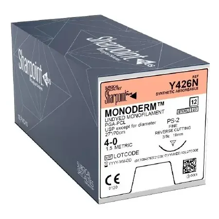 Monoderm – Suture with Needle Absorbable Uncoated Undyed Suture Monofilament Polyglycolic Acid Suture Size 4 – 0 27 Inch Suture 1-Needle 19 mm Length 3/8 Circle Precision Reverse Cutting Needle – Y426N