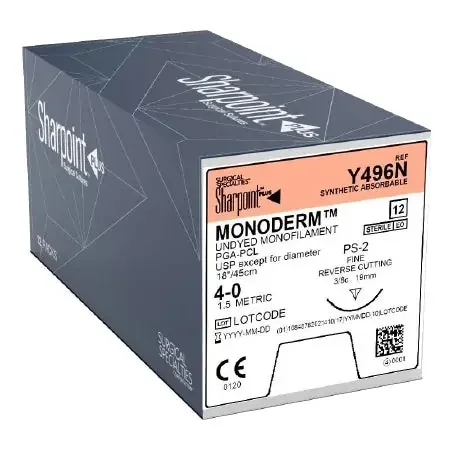 Monoderm – Suture with Needle Absorbable Uncoated Undyed Suture Monofilament Polyglycolic Acid Suture Size 4 – 0 18 Inch Suture 1-Needle 19 mm Length 3/8 Circle Precision Reverse Cutting Needle – Y496N