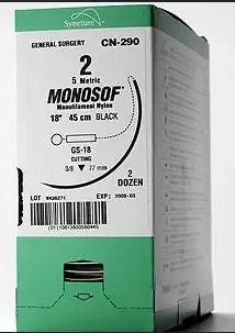 Monosof – Suture with Needle Nonabsorbable Uncoated Black Suture Monofilament Nylon Size 5 – 0 18 Inch Suture Double-Armed 8 mm Length 1/2 Circle Spatula Needle – N-2761K