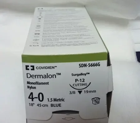Monosof~Dermalon – Suture with Needle Nonabsorbable Uncoated Blue Suture Monofilament Nylon Size 4 – 0 18 Inch Suture 1-Needle 19 mm Length 3/8 Circle Reverse Cutting Needle – SDN-5666G
