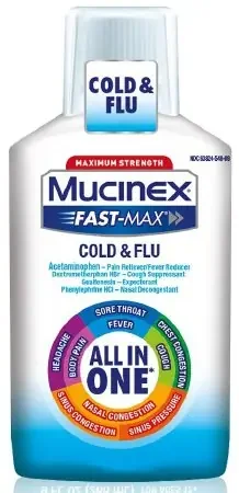 Mucinex Fast-Max Cold & Flu – Cold and Cough Relief 650 mg – 20 mg – 400 mg – 10 mg / 20 mL Strength Liquid 6 oz. – 63824054866