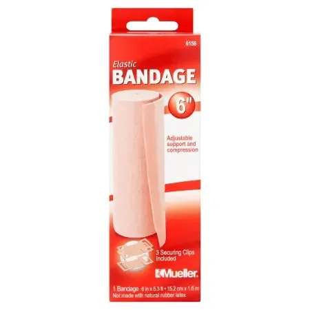 Mueller – Elastic Bandage 6 Inch X 5.3 Foot Standard Compression Clip Detached Closure Beige NonSterile – 6156