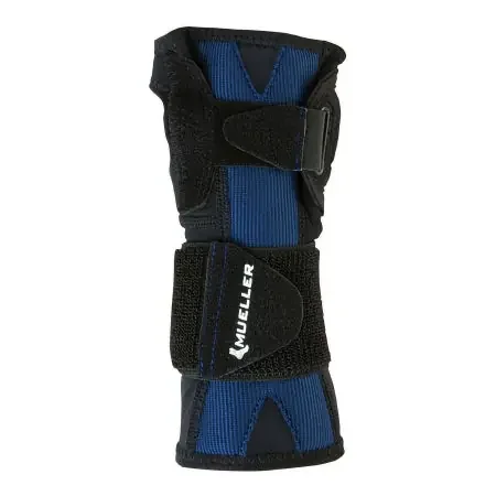Mueller X-Stay Wrist Stabilizer – Wrist Support Bilateral Aluminum / Nylon / Polyester / PP/ PU / PU Foam / Spandex / Steel / TPU Left or Right Hand Black / Blue Small / Medium – 62028