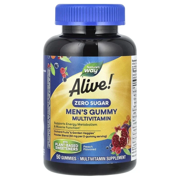 Nature’s Way, Alive! Men’s Gummy Multivitamin, Zero Sugar, Peach, 50 Gummies