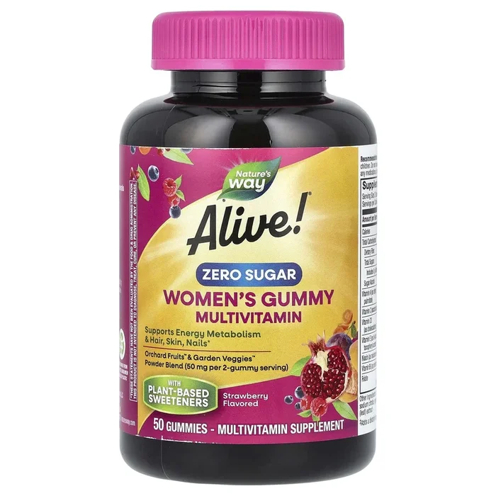 Nature’s Way, Alive! Women’s Gummy Multivitamin, Zero Sugar, Strawberry, 50 Gummies