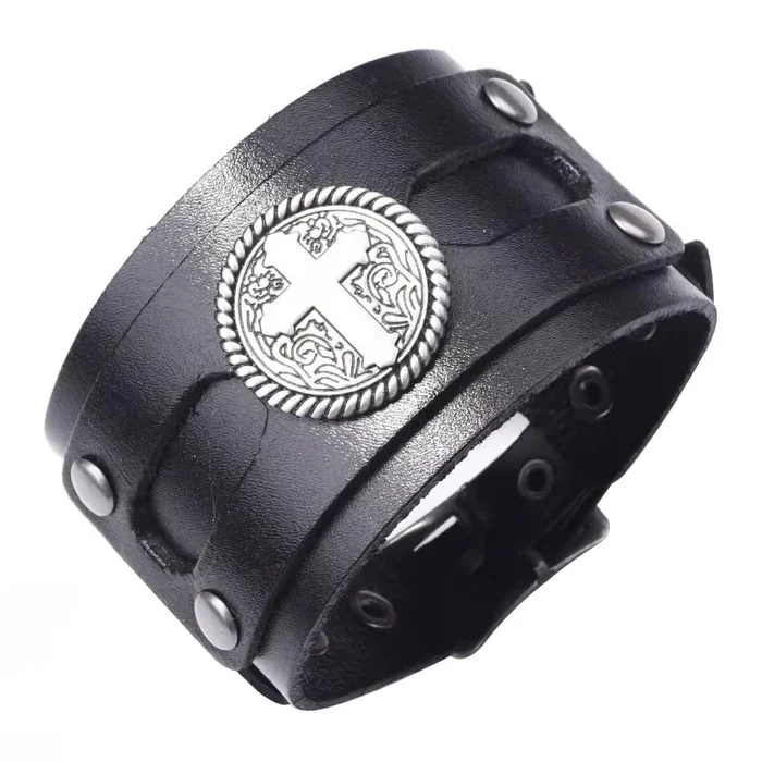 NIGHTCRUZ Wide Leather Bracelet with Cross, Medieval Leather Cuff Wristband for Mens