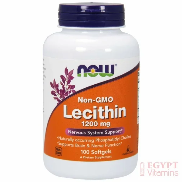 NOW Non-GMO Lecithin 1200 mg with naturally occurring Phosphatidyl Choline, 100 Softgels ليسيثين 1200مجم لصحة الجهاز العصبى- 100سوفت جيل