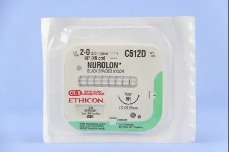 Nurolon – Suture with Needle Nonabsorbable Coated Black Suture Braided Nylon Size 2 – 0 18 Inch Suture 1-Needle 26 mm Length 1/2 Circle Taper Point Needle – C512D