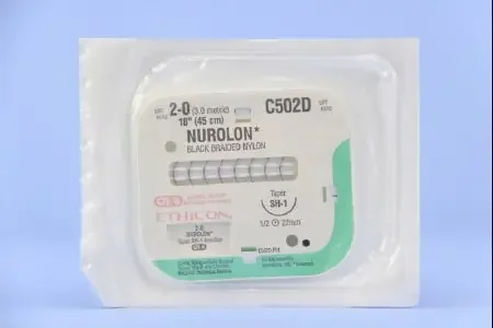 Nurolon – Suture with Needle Nonabsorbable Coated Black Suture Braided Nylon Size 2 – 0 18 Inch Suture 1-Needle 22 mm Length 1/2 Circle Taper Point Needle – C502D