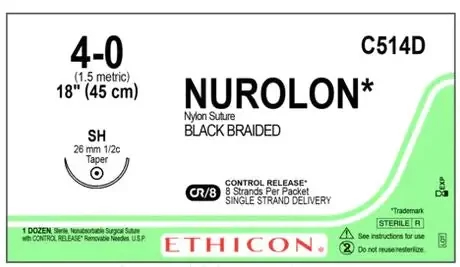 Nurolon – Suture with Needle Nonabsorbable Coated Black Suture Braided Nylon Size 4 – 0 18 Inch Suture 1-Needle 26 mm Length 1/2 Circle Taper Point Needle – C514D