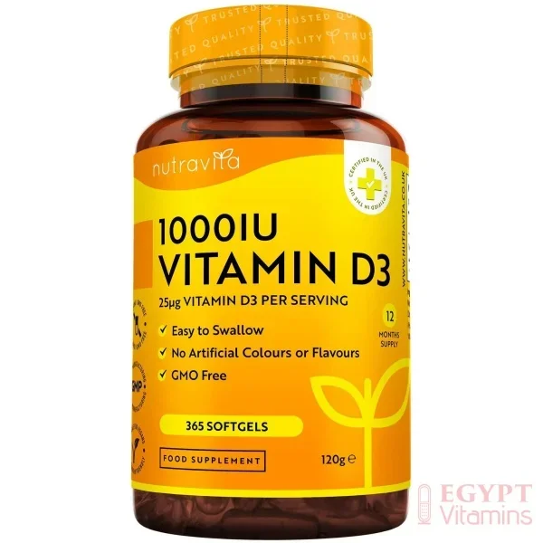 Nutravita Vitamin D3-1000 IU (25mcg) –For vitamin d3 deficiency- 365 Softgels فيتامين د3 1000 وحدة دولية ، لصحة الجهاز المناعى والعظام والأسنان والعضلات 365 سوفت جيل