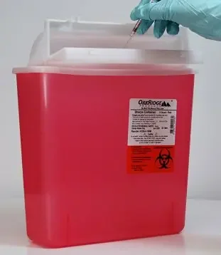 OakRidge M Style – Sharps Container 10-3/20 H X 4.67 W X 12.09 L Inch 1.25 Gallon Translucent Red Base / Translucent Lid Horizontal Entry Mail Slot Lid – 0354-150M