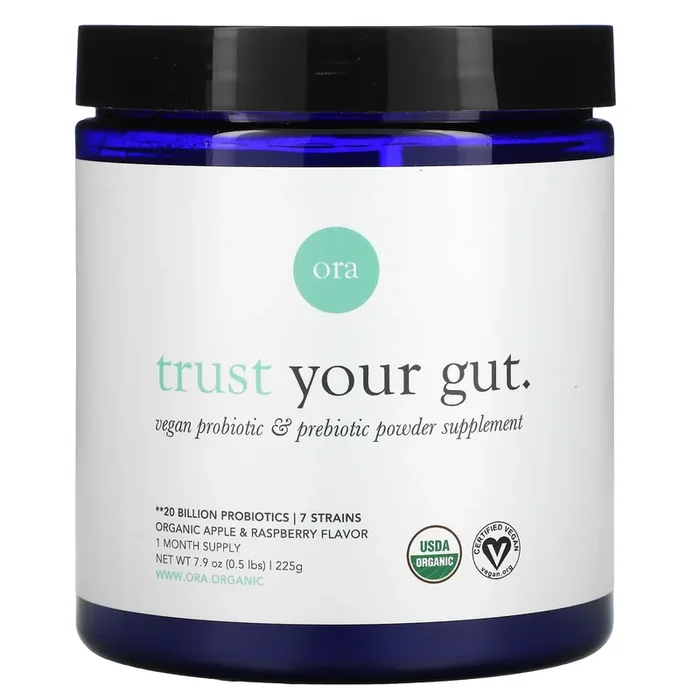 Ora Organic, Trust Your Gut, Vegan Prebiotic & Probiotic Powder 20 Billion CFUs, Apple & Raspberry, 7.9 oz
