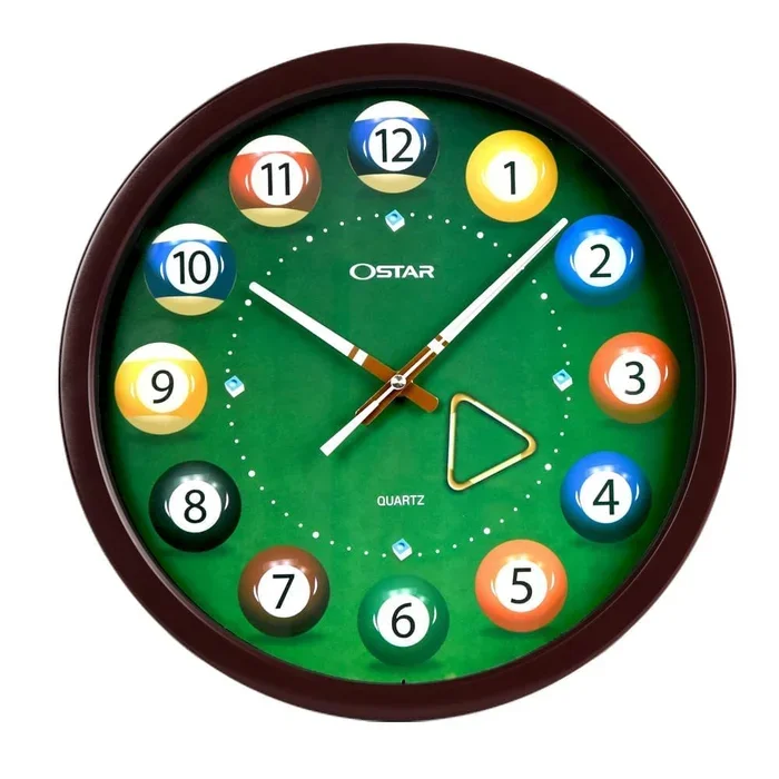 OSTAR Big Large Billiard Pool Ball Wall Clock, Battery Operated, Cue Hand, Non Ticking Quality Quartz, 14″ Snooker Game