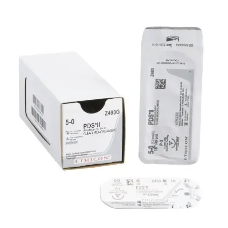 PDS II – Suture with Needle Absorbable Uncoated Clear Suture Monofilament Polydioxanone Size 5 – 0 18 Inch Suture 1-Needle 13 mm Length 3/8 Circle Precision Point – Reverse Cutting Needle – Z493G