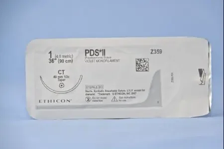PDS II – Suture with Needle Absorbable Uncoated Violet Suture Monofilament Polydioxanone Size 1 36 Inch Suture 1-Needle 40 mm Length 1/2 Circle Taper Point Needle – Z359T