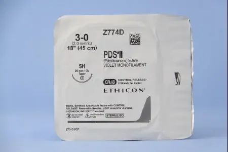 PDS II – Suture with Needle Absorbable Uncoated Violet Suture Monofilament Polydioxanone Size 3 – 0 18 Inch Suture 1-Needle 26 mm Length 1/2 Circle Taper Point Needle – Z774D