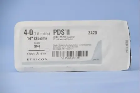 PDS II – Suture with Needle Absorbable Uncoated Violet Suture Monofilament Polydioxanone Size 4 – 0 14 Inch Suture Double-Armed 19 mm Length Straight Taper Point Needle – Z420G