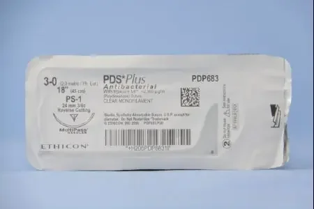 PDS Plus – Antibacterial Suture with Needle Absorbable Uncoated Undyed Suture Monofilament Polydioxanone with Irgacare MP Antibacterial Suture Size 3 – 0 18 Inch Suture 1-Needle 24 mm Length 3/8 Circle Reverse Cutting Needle – PDP683G