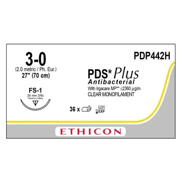PDS Plus – Antibacterial Suture with Needle Absorbable Uncoated Undyed Suture Monofilament Polydioxanone with Irgacare MP Antibacterial Suture Size 3 – 0 27 Inch Suture 1-Needle 24 mm Length 3/8 Circle Reverse Cutting Needle – PDP442H