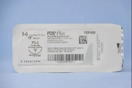 PDS Plus – Antibacterial Suture with Needle Absorbable Uncoated Undyed Suture Monofilament Polydioxanone with Irgacare MP Antibacterial Suture Size 5 – 0 18 Inch Suture 1-Needle 19 mm Length 3/8 Circle Precision Point – Reverse Cutting Needle – PDP495G