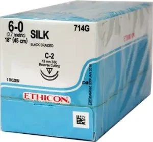Perma-Hand – Suture with Needle Nonabsorbable Coated Black Suture Braided Silk Size 6 – 0 18 Inch Suture Double-Armed 13 mm Length 3/8 Circle Reverse Cutting Needle – 714G