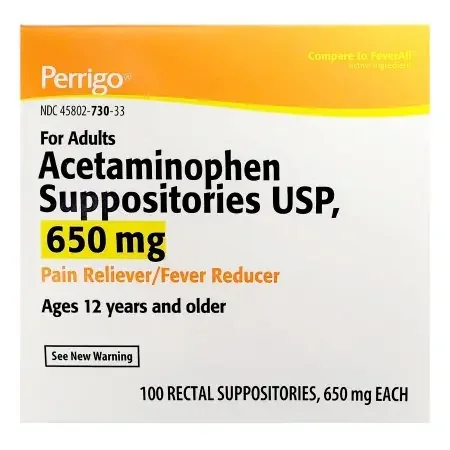 Perrigo Company – Pain Relief 650 mg Strength Acetaminophen Rectal Suppository 100 per Box – 45802073033