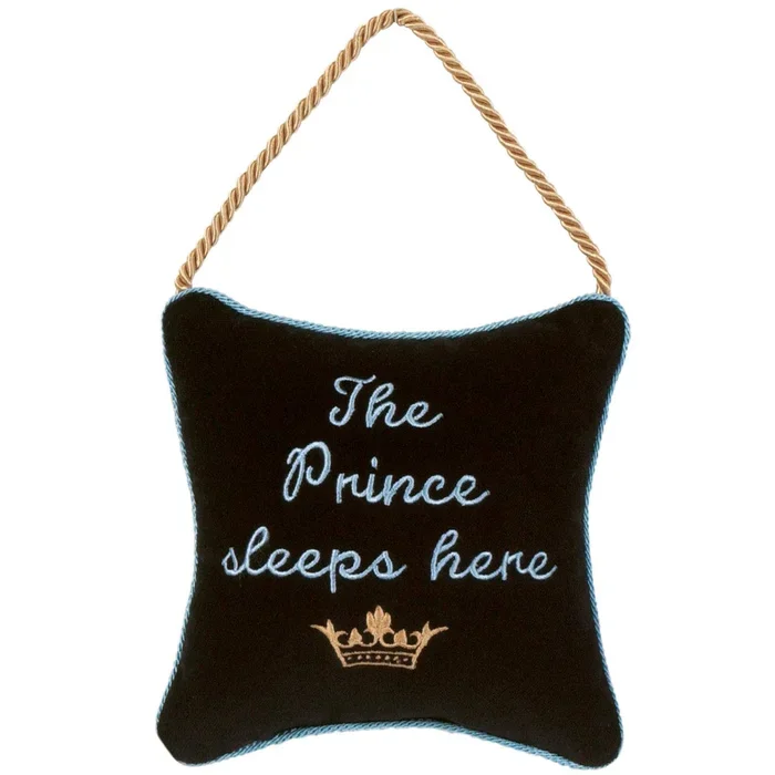 Plankroad Home Decor ‘The Prince Sleeps Here’ Velvet Embroidered Door Hanger, 6″x6″, Black, Humor, Baby Showers
