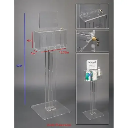 Poltex DECO – Lockable Sanitizing Station with Sign Sleeve Clear Acrylic Manual 3 Compartment Floor Stand – DECORHSKIOSK3-S