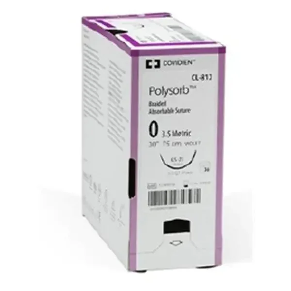 Polysorb – Suture with Needle Absorbable Coated Undyed Suture Braided Polyester Size 0 30 Inch Suture 1-Needle 37 mm Length 1/2 Circle Reverse Cutting Needle – CL-537
