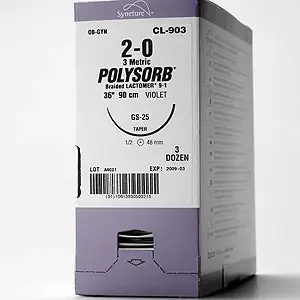 Polysorb – Suture with Needle Absorbable Coated Violet Suture Braided Polyester Size 2 – 0 30 Inch Suture Double-Armed 13 mm Length 3/8 Circle Taper Point Needle – GL-302