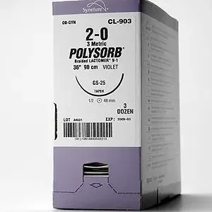 Polysorb – Suture with Needle Absorbable Coated Violet Suture Braided Polyester Size 3 – 0 30 Inch Suture 1-Needle 16 mm Length 3/8 Circle Reverse Cutting Needle – SL-608