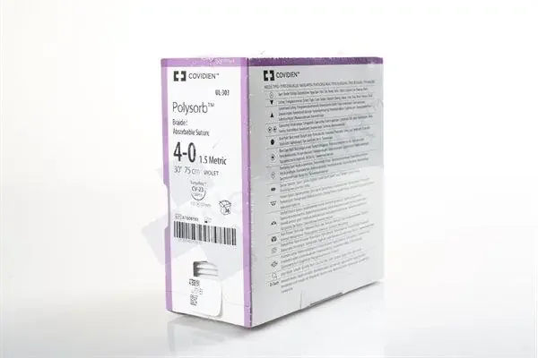Polysorb – Suture with Needle Absorbable Coated Violet Suture Braided Polyester Size 4 – 0 30 Inch Suture 1-Needle 17 mm Length 1/2 Circle Taper Point Needle – UL-303