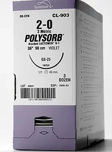Polysorb – Suture with Needle Absorbable Coated Violet Suture Braided Polyester Size 7 – 0 12 Inch Suture Double-Armed 6 mm Length 3/8 Circle Spatula Needle – L-1796K