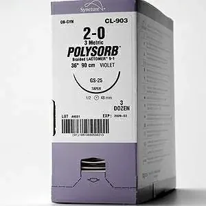 Polysorb – Suture with Needle Absorbable Coated Violet Suture Braided Polyester Size 8 – 0 8 Inch Suture Double-Armed 6 mm Length 1/2 Circle Spatula Needle – L-2574K