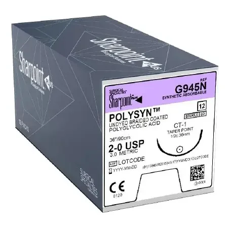 PolySyn – Suture with Needle Absorbable Coated Undyed Suture Braided Polyglycolic Acid Suture Size 2 – 0 36 Inch Suture 1-Needle 36 mm Length 1/2 Circle Taper Point Needle – G945N