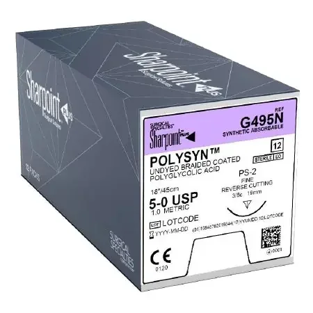PolySyn – Suture with Needle Absorbable Coated Undyed Suture Braided Polyglycolic Acid Suture Size 5 – 0 18 Inch Suture 1-Needle 19 mm Length 3/8 Circle Precision Reverse Cutting Needle – G495N