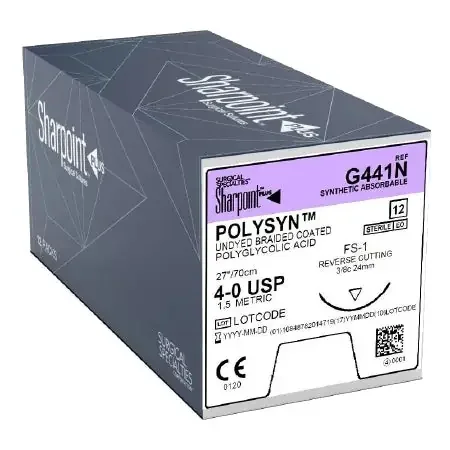 PolySyn – Suture with Needle Absorbable Coated Undyed Suture Braided Polyglycolic Acid Suture Size 4 – 0 27 Inch Suture 1-Needle 24 mm Length 3/8 Circle Reverse Cutting Needle – G441N