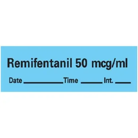 Precision Dynamics – Drug Label Anesthesia Label Tape Remifentanil 50 mcg/mL Date_Time_Int Blue 1/2 X 1-1/2 Inch – AN-38D50