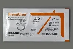 PremiCron – Suture with Needle Nonabsorbable Coated Green Suture Braided Polyester Size 3 – 0 75 cm Suture 1-Needle 26 mm Length 1/2 Circle Taper Point Needle – C0026015