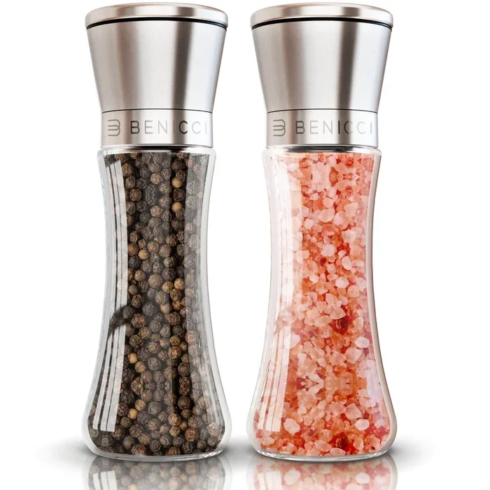 Premium Salt and Pepper Grinder Set of 2 – Two Refillable Stainless Steel Sea Salt & Spice Shakers with Adjustable Coarse Mills – Easy Clean Ceramic Grinders w/BONUS Silicone Funnel & Cleaning Brush