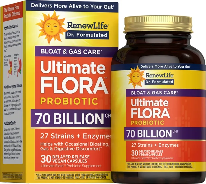 Probiotique Ultimate Flora Ballonnements et Gaz 70 milliards, 30 capsules véganes à libération retardée
