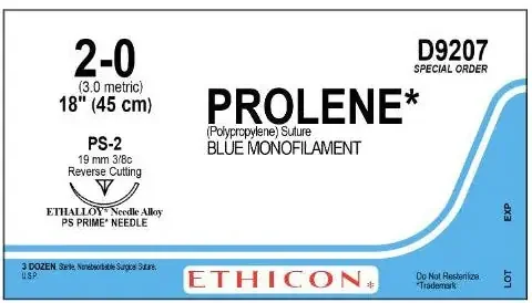 Prolene – Suture with Needle Nonabsorbable Uncoated Blue Suture Monofilament Polypropylene Suture Size 2 – 0 18 Inch Suture 1-Needle 19 mm Length 3/8 Circle Precision Point – Reverse Cutting Needle – D9207