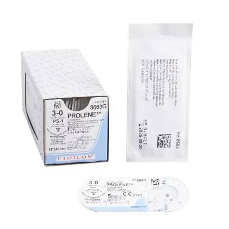 Prolene – Suture with Needle Nonabsorbable Uncoated Blue Suture Monofilament Polypropylene Suture Size 3 – 0 18 Inch Suture 1-Needle 24 mm Length 3/8 Circle Precision Point – Reverse Cutting Needle – 8663G
